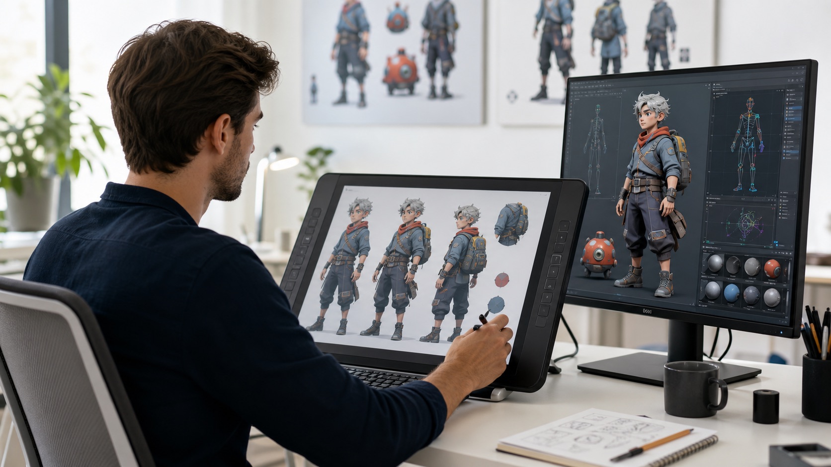 Digital artist refining a character from concept art to a production-ready 3D model