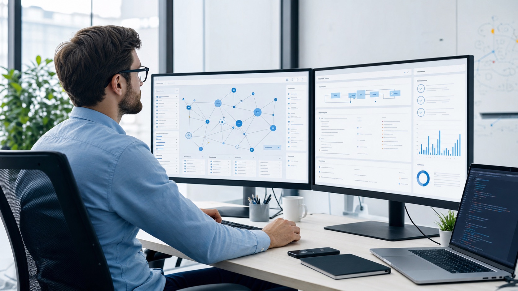 Blockchain engineer reviewing a multi-chain transaction graph and security workflow