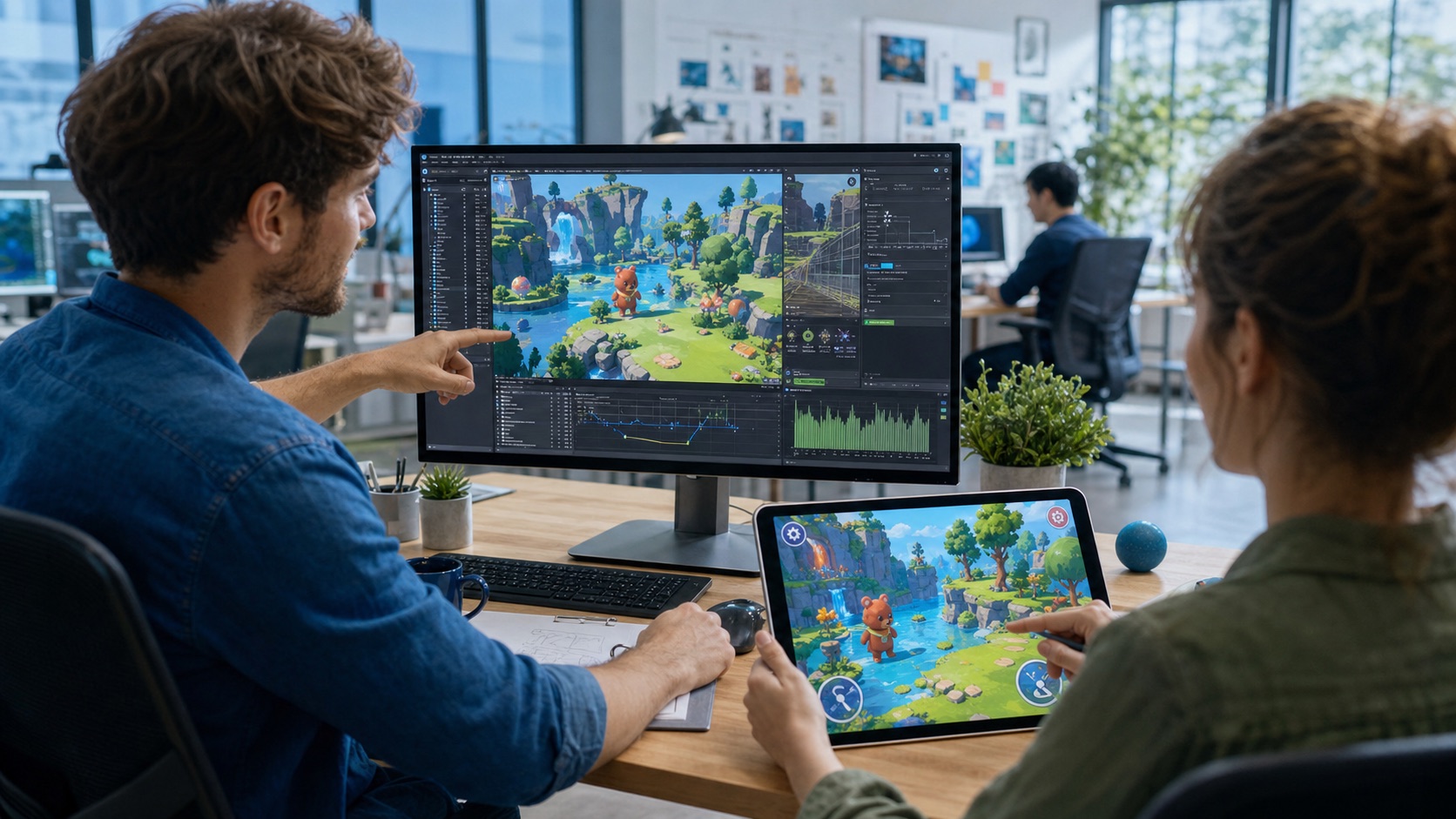 Game development team building and testing an educational game