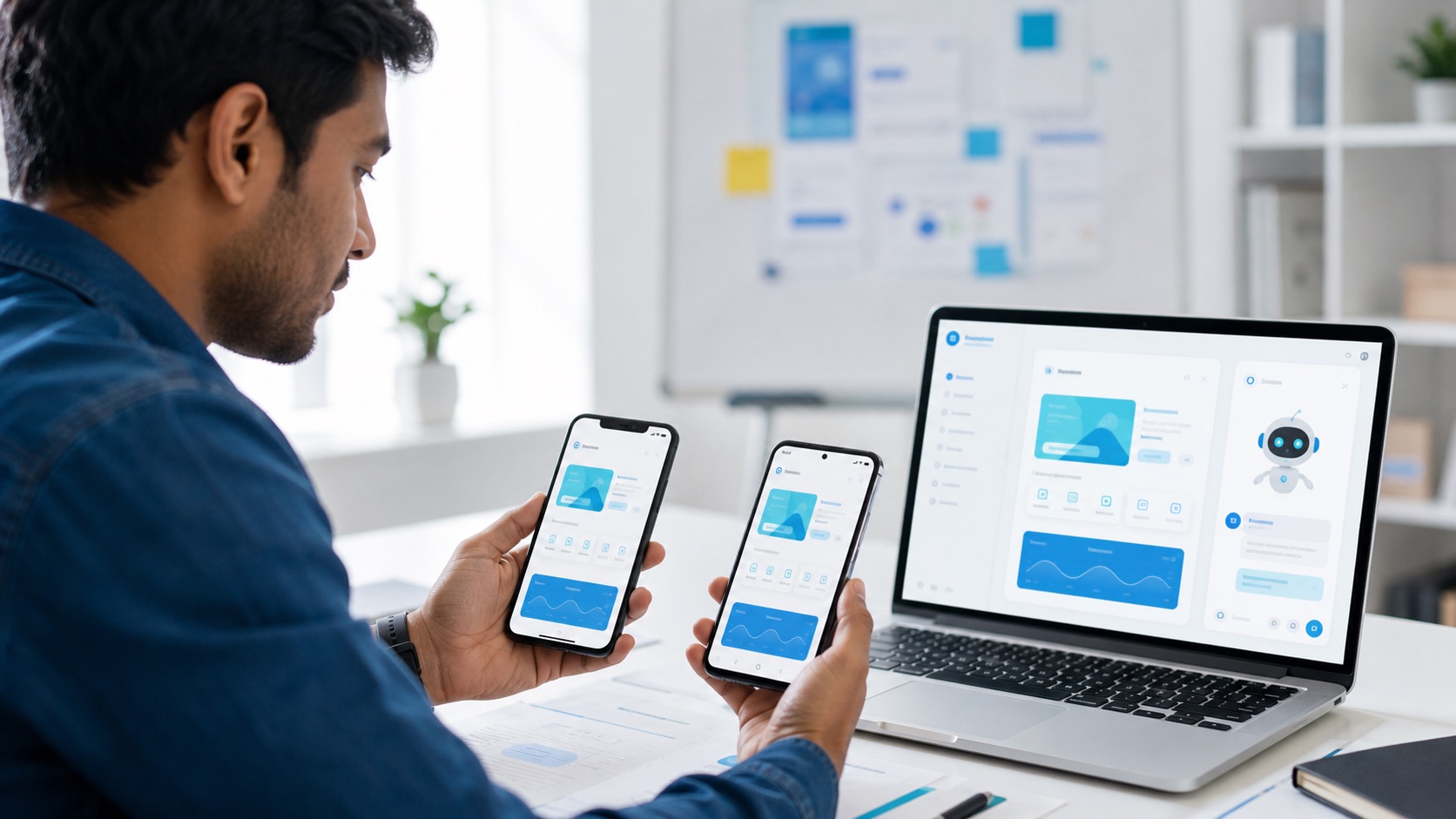 Mobile engineer testing a cross-platform application on iOS and Android devices